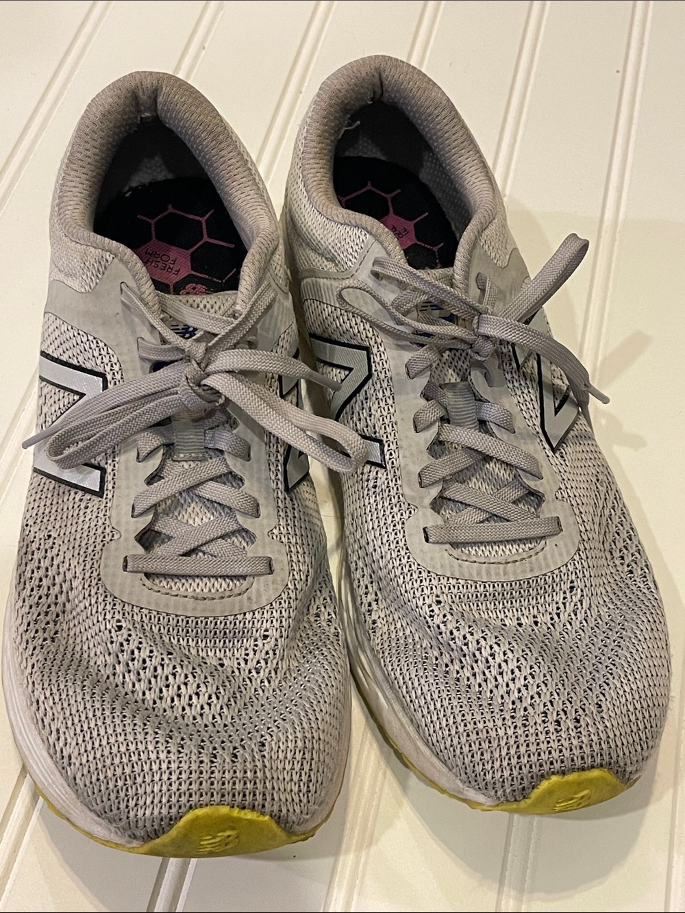 New Balance Women's Light Gray Mesh Running Sneakers with Yellow Accents
